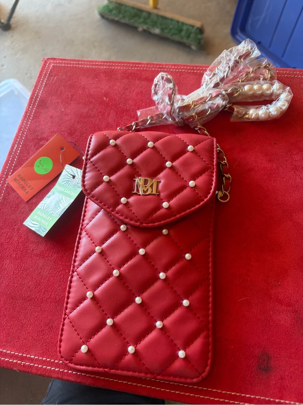 Badgley Mischka Red Quilted Pearl-Accent Crossbody Phone Pouch